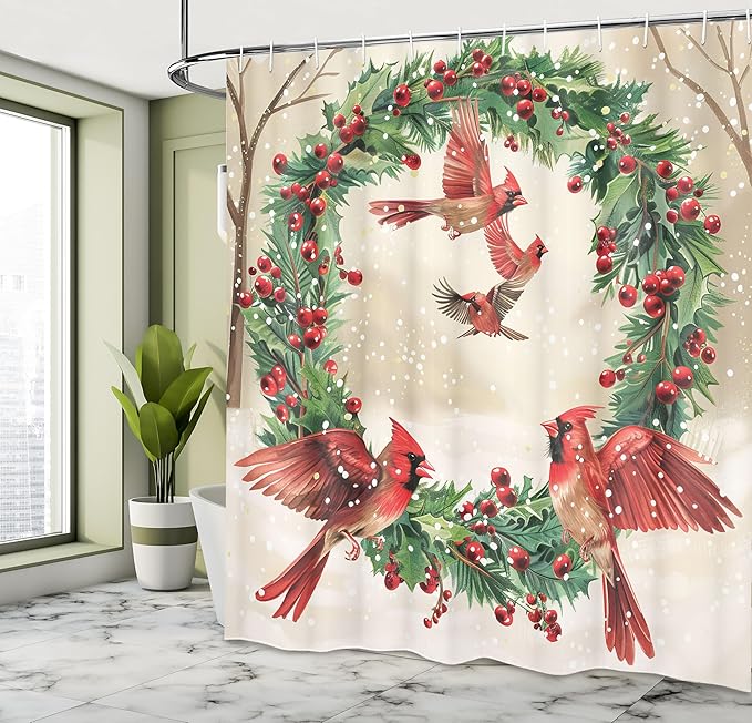Ambesonne Christmas Shower Curtain, Vintage Red Cardinal Birds and Xmas Wreath Ornate Snowy Visual, Cloth Fabric Bathroom Decor Set with Hooks, 69" W x 84" L, Dark Coral Green and Beige