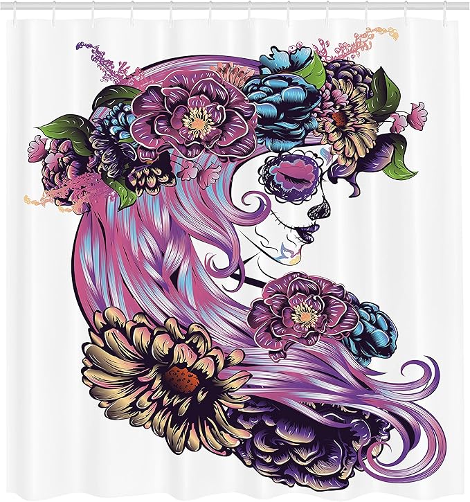 Ambesonne Gothic Shower Curtain, Day of Dead Illustration with Sugar Skull Girl in Flower Wreath, Cloth Fabric Bathroom Decor Set with Hooks, 69" W x 75" L, Purple Blue