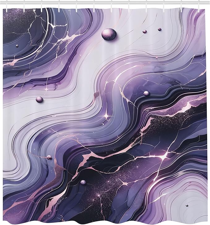Ambesonne Purple Shower Curtain, Modern Universe Feels Curvy Marble Print Monochromatic Pastel Tones, Cloth Fabric Bathroom Decor Set with Hooks, 69" W x 84" L, Pale Grey Quartz and Lilac