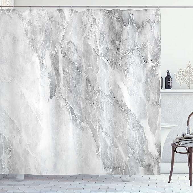 Ambesonne Marble Shower Curtain, Retro Marble Pattern with Blurry Color Contrasts Formless and Abstract Wavy Display, Cloth Fabric Bathroom Decor Set with Hooks, 69" W x 84" L, White Grey