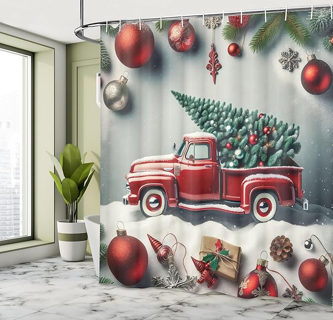 Ambesonne Christmas Shower Curtain, Vintage Red Truck with a Pine Tree and Holiday Season Ornaments Snowy Winter, Cloth Fabric Bathroom Decor Set with Hooks, 69" W x 84" L, Grey Teal Ruby