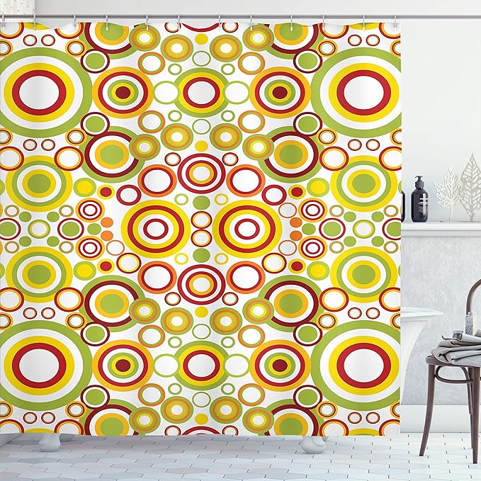 Ambesonne Geometric Shower Curtain, Circles Round Disk Disc Shapes Dots Swatches in Contrast Design Colorful Print, Cloth Fabric Bathroom Decor Set with Hooks, 69" W x 70" L, Green Yellow