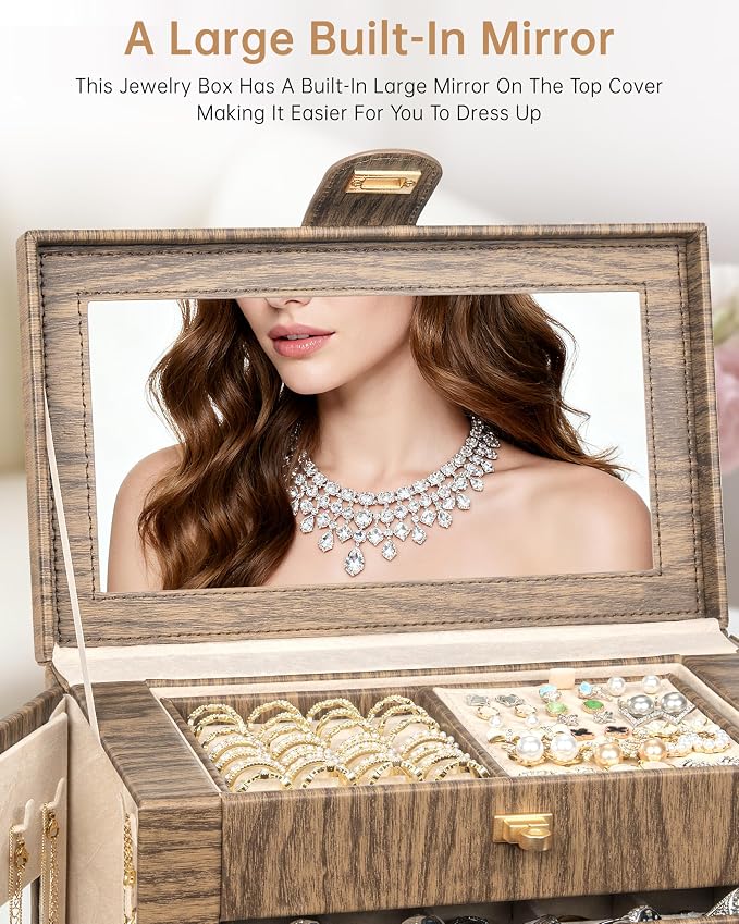 AKOZLIN 6-Tier Jewelry Box Organizer Functional 5 Drawers Leather Jewelry Storage Case for Women Girls Ring Necklace Earring Bracelet Holder Organizer with Mirror XL Wood Grain 360° Rotating