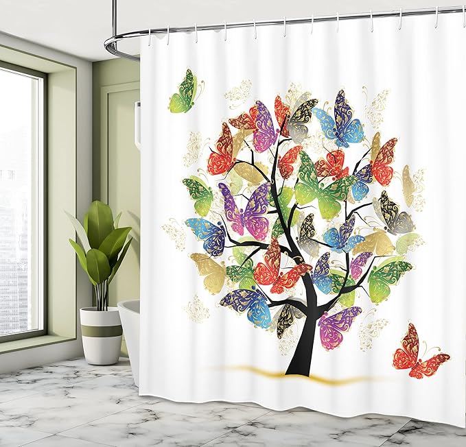 Ambesonne Tree of Life Shower Curtain, Shaded Animals Moth Tree Colored Wings Flying New Life Hope Theme Illustration, Cloth Fabric Bathroom Decor Set with Hooks, 69" W x 75" L, Pale Camel