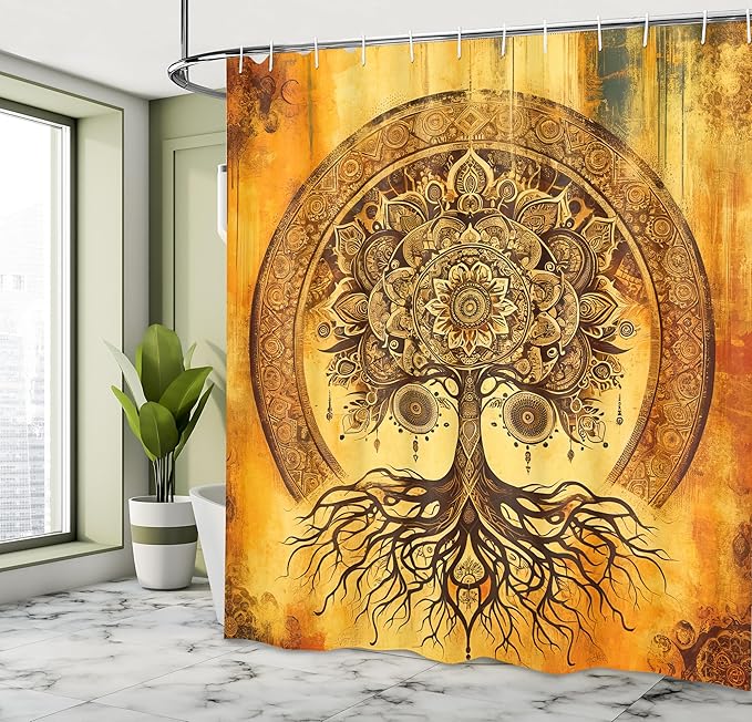 Ambesonne Boho Shower Curtain, Oriental Atmosphere Warm Tone Mandala Ornate Life Tree with Grungy Hues, Cloth Fabric Bathroom Decor Set with Hooks, 69" W x 70" L, Burnt Orange Dark Taupe
