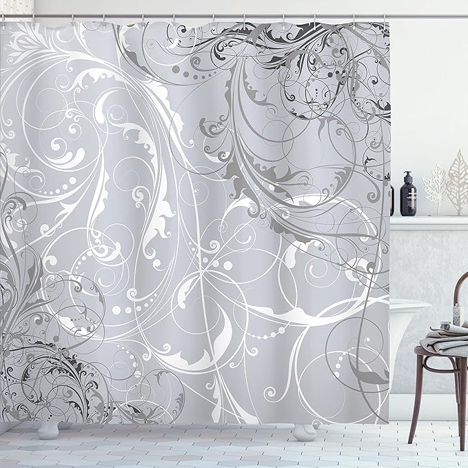 Ambesonne Floral Shower Curtain, Baroque Swirl Branches Curved Flower Leaves Shabby Form Nature Pattern, Cloth Fabric Bathroom Decor Set with Hooks, 69" W x 84" L, Pearl White