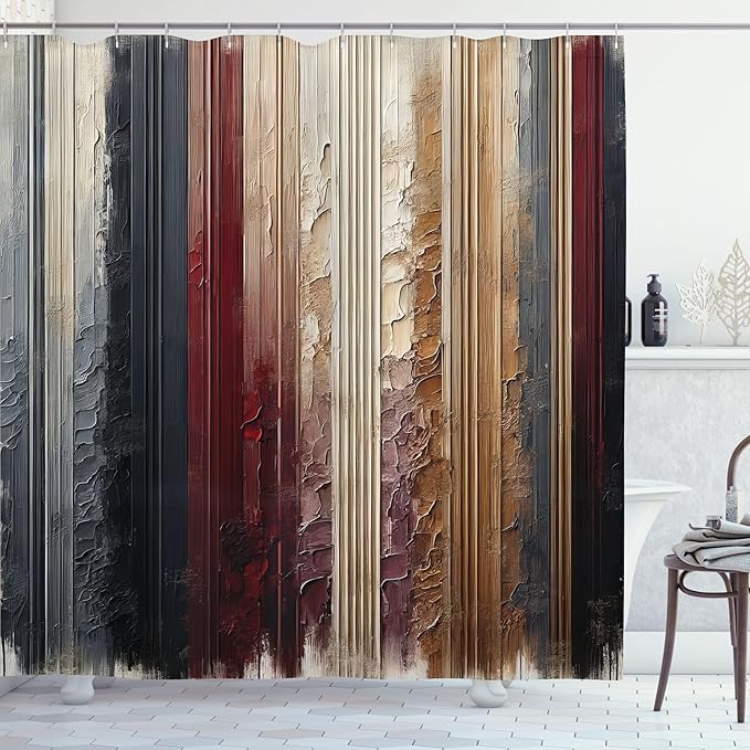 Ambesonne Striped Shower Curtain, Abstract Modern Oil Paint of Vertical Brushstroke Dark Autumn Tones Print, Cloth Fabric Bathroom Decor Set with Hooks, 69" W x 75" L, Maroon Camel Grey