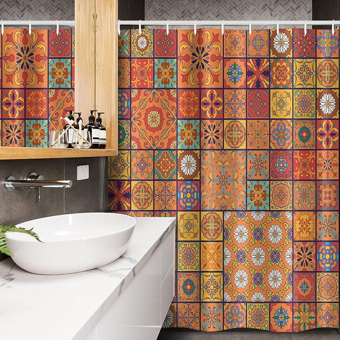 Ambesonne Moroccan Stall Shower Curtain, Group of Moroccan Geometric Patterns Floral Ornamental Patchwork Print, Fabric Bathroom Decor Set with Hooks, 54" W x 78" L, Marigold Orange