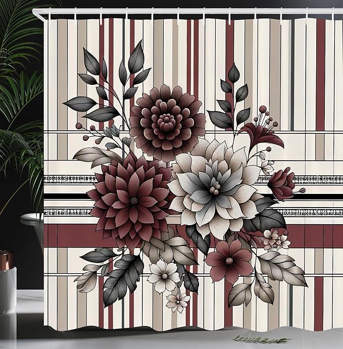 Ambesonne Floral Shower Curtain, Retro Flowers on Geometric Style Rectangle Motives Dahlia and Leaves, Cloth Fabric Bathroom Decor Set with Hooks, 69" W x 70" L, Dried Rose and Pale Tan