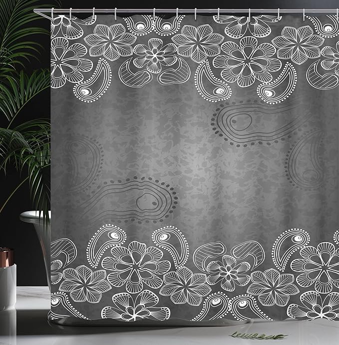 Ambesonne Floral Shower Curtain, Classic Victorian in Dark Contrast Tones with Paisley Petal Floret Image, Cloth Fabric Bathroom Decor Set with Hooks, 69" W x 70" L, White Grey
