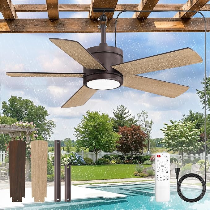 Fanbulous 42" Outdoor Ceiling Fan with Light and Remote, IP65 Waterproof, Plug-in Design with 10FT Cord, 6-Speeds, 3CCT, Hook Hanging Fan for Gazebo Patio Porch Garage Canopy(Oil Bronze)