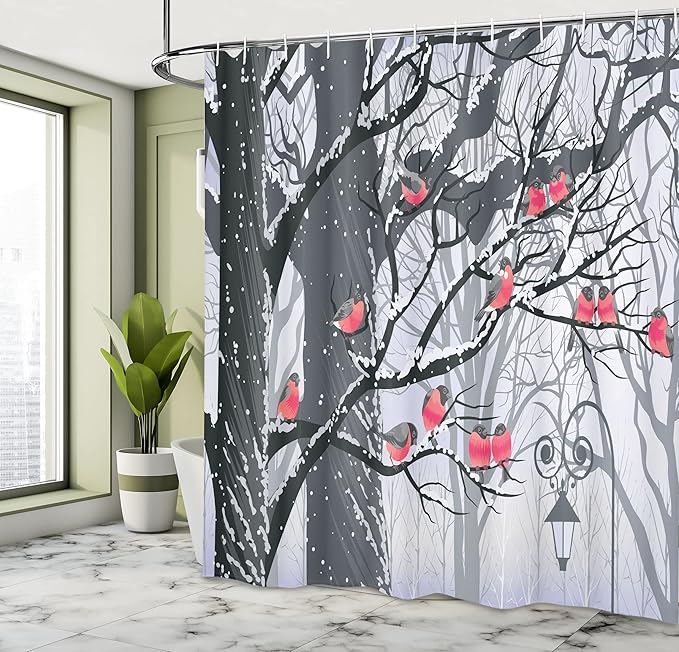 Ambesonne Winter Shower Curtain, Bullfinches on Trees Winter City Park Snow Cold Weather Immigrant Birds Design, Cloth Fabric Bathroom Decor Set with Hooks, 69" W x 84" L, Black Grey