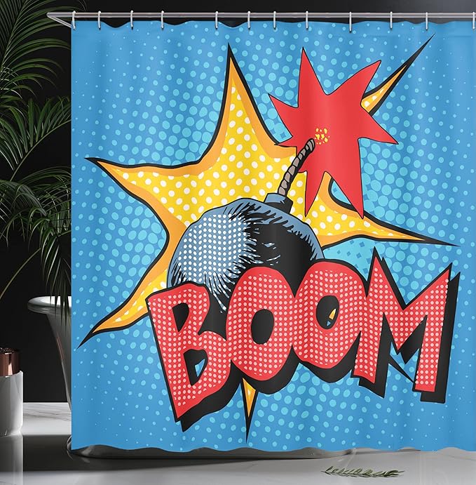 Ambesonne Vintage Shower Curtain, Boom Lettering in Retro Design on a Dotted Background with Comics Pop Art Style of Image, Cloth Fabric Bathroom Set with Hooks, 69" W x 70" L, Yellow Blue and Red