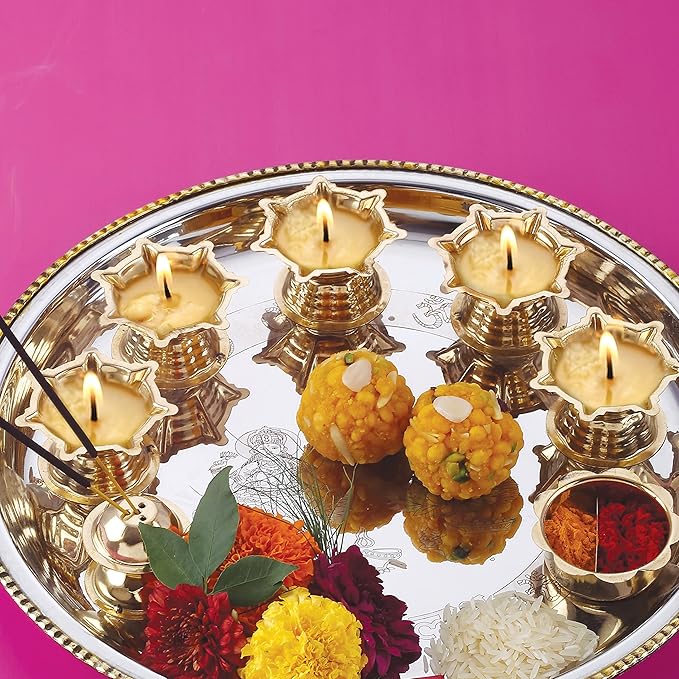 HAZEL Stainless Steel Pooja Aarti Thali Set, 11 inches with 5 Pcs Diva, 1 Pc Incense Holder and Kumkum Wati, Silver