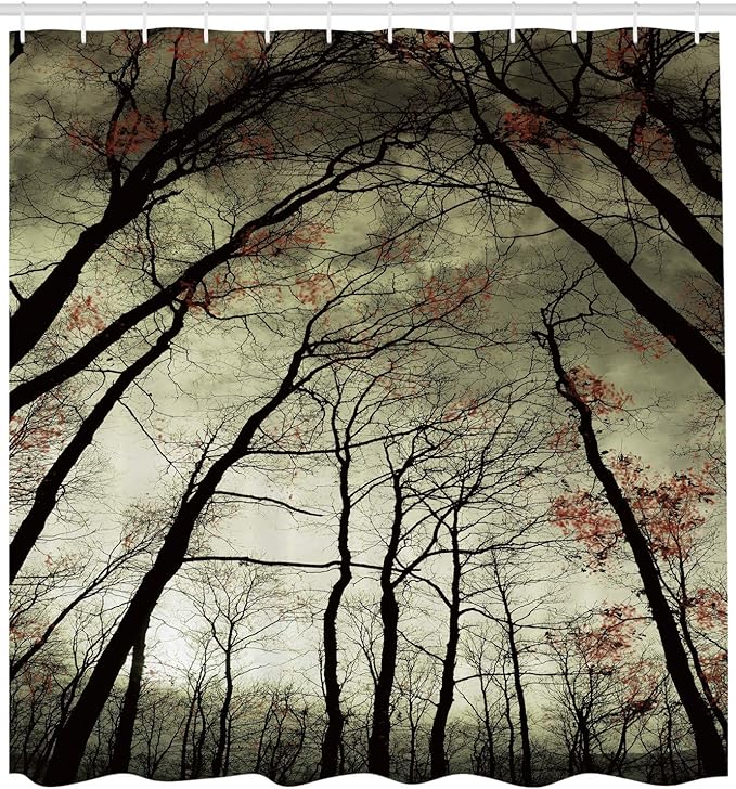 Ambesonne Nature Shower Curtain, Mystic Dark Forest Dead Trees, Cloth Fabric Bathroom Decor Set with Hooks, 69" W x 70" L, Green Khaki