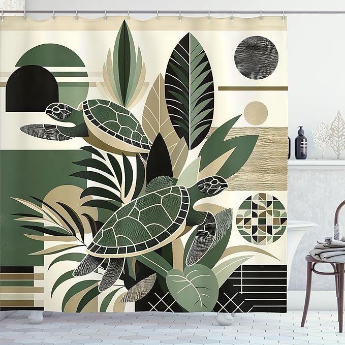 Ambesonne Turtle Shower Curtain, Mid Century Modern Geometric Shapes with Nautical Details Exotic Leaves, Cloth Fabric Bathroom Decor Set with Hooks, 69" W x 70" L, Reseda Green Pale Tan