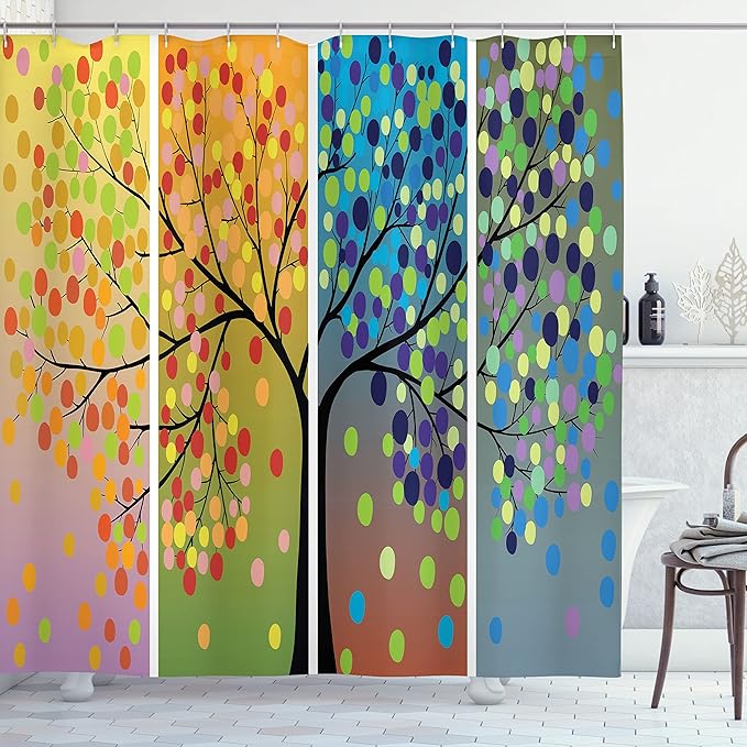 Ambesonne Colorful Shower Curtain, Tree Various Ornamentations Colorful Composition Cartoon Style Digital Drawing, Cloth Fabric Bathroom Decor Set with Hooks, 69" W x 70" L, Black White Multicolor