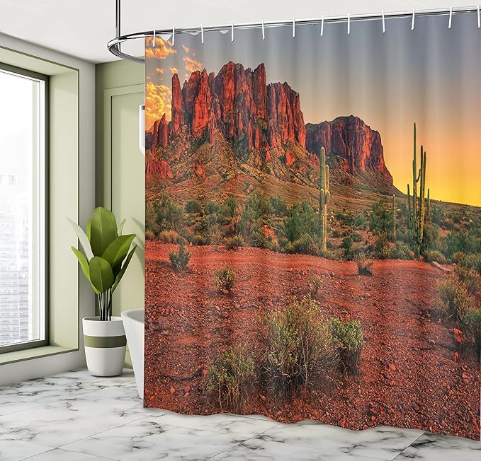 Ambesonne Saguaro Shower Curtain, Colorful Sunset View of The Desert and Mountains Near Phoenix Arizona USA, Cloth Fabric Bathroom Decor Set with Hooks, 69" W x 75" L, Yellow Green