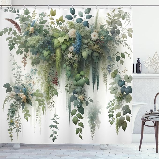 Ambesonne Botanical Shower Curtain, Branches and Leaves Cascading Down Look Motif in Watercolor Style Print, Cloth Fabric Bathroom Decor Set with Hooks, 69" W x 70" L, Green Blue and White