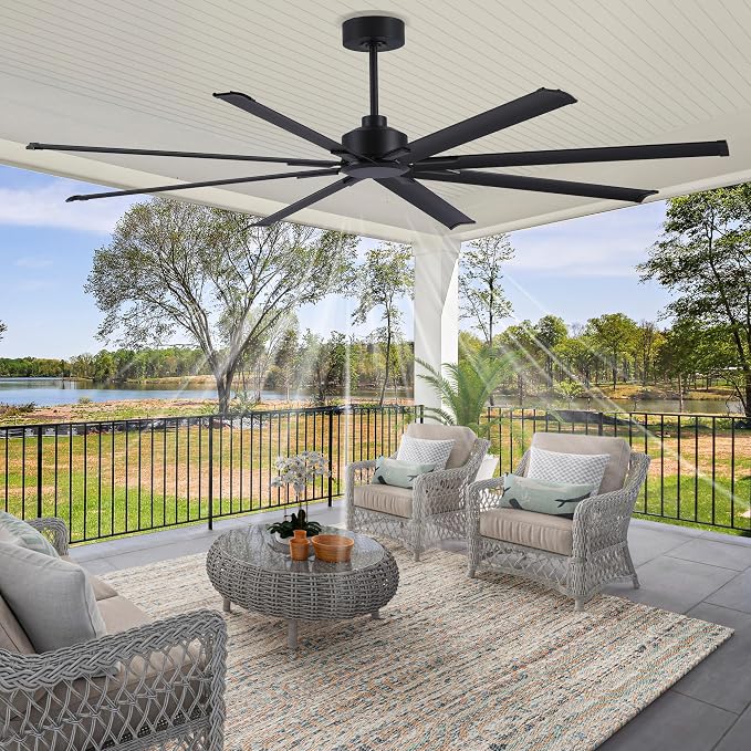 96 Inch Ceiling Fans No Light, Large Industrial Ceiling Fan with 8 Aluminium Blades, Quiet DC Motor, 6 Speeds, Modern Ceiling Fan without Light for Garage/shop/living room,Black