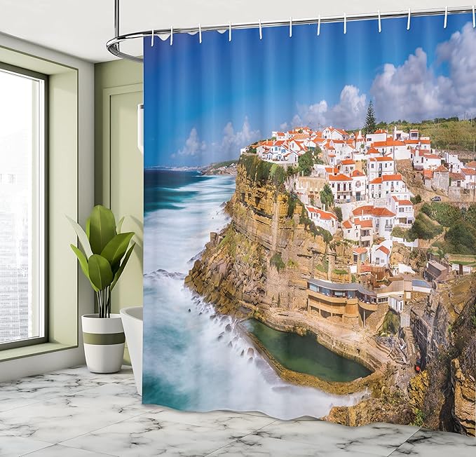 Ambesonne European Shower Curtain, Portugal Seaside on The Cliffs with Sky View Mediterranean Ocean Village Europe, Cloth Fabric Bathroom Decor Set with Hooks, 69" W x 70" L, Beige Blue