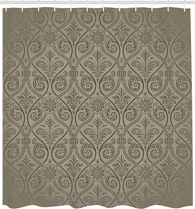 Ambesonne Damask Shower Curtain, Antique Baroque Pattern Mild Gothic Victorian Style Repeated Curly Motifs, Cloth Fabric Bathroom Decor Set with Hooks, 69" W x 70" L, Dusk Umber
