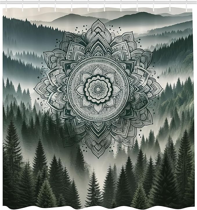 Ambesonne Dark Green Shower Curtain, Foggy Morning Mountains with Mandala Ornate Abstract Paint Print, Cloth Fabric Bathroom Decor Set with Hooks, 69" W x 84" L, Evergreen Coconut and Grey