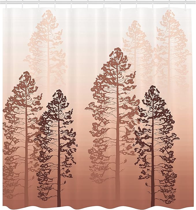 Ambesonne Country Shower Curtain, Pine Trees in The Forest on Foggy Seem Ombre Backdrop Wildlife Adventure Artwork, Cloth Fabric Bathroom Decor Set with Hooks, 69" W x 70" L, Dark Salmon