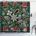 Ambesonne Christmas Shower Curtain, Traditional Xmas Pinecone Candies and Leaves Ornate on Plaid Background, Cloth Fabric Bathroom Decor Set with Hooks, 69" W x 70" L, Green Grey and Ruby