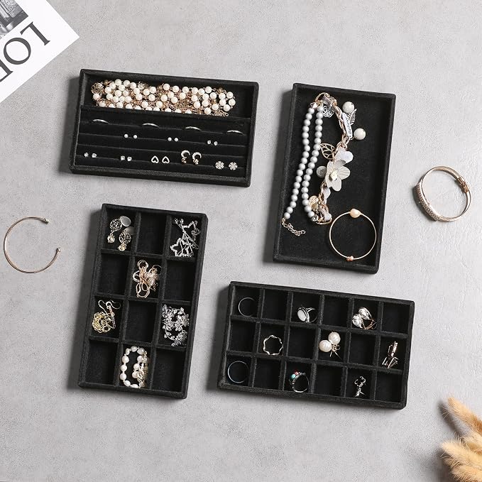 Frebeauty Jewelry Trays for Drawer,Set of 4 Jewelry Organizer and Storage | Velvet Material,Earring Holder Organizer,Stackable Jewelry Display for Vanity,Drawer Inserts for Rings,Studs,8.3×4.9 inch