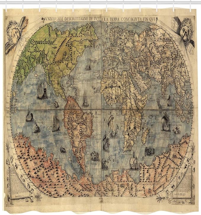 Ambesonne Antique Shower Curtain,Vintage Look of The Atlas Map of World Global History on Stained Paper with Oceans and Lands, Cloth Fabric Bathroom Decor Set with Hooks, 69" W x 84" L, Cream Green