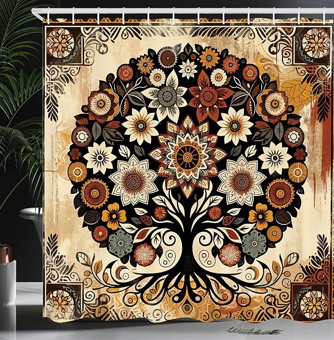 Ambesonne Boho Floral Shower Curtain, Vintage Exotic Tree of Life Inspired Paint on Rusty Weathered Print, Cloth Fabric Bathroom Decor Set with Hooks, 69" W x 75" L, Mustard Beige Cinnamon