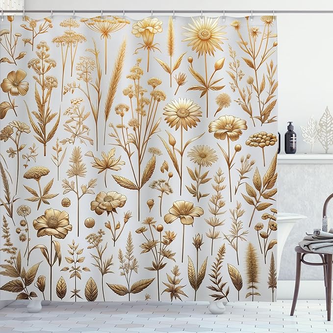Ambesonne Vintage Shower Curtain, Composition of Nostalgic Tone Wildflowers and Leaves Medieval Art Witchy, Cloth Fabric Bathroom Decor Set with Hooks, 69" W x 84" L, Dark Khaki Pale Grey