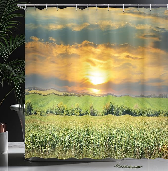 Ambesonne Rustic Shower Curtain, Corn Field and Sunrise Summer Sky Natural Paradise Pasture Mourning View Picture, Cloth Fabric Bathroom Decor Set with Hooks, 69" W x 70" L, Blue Green