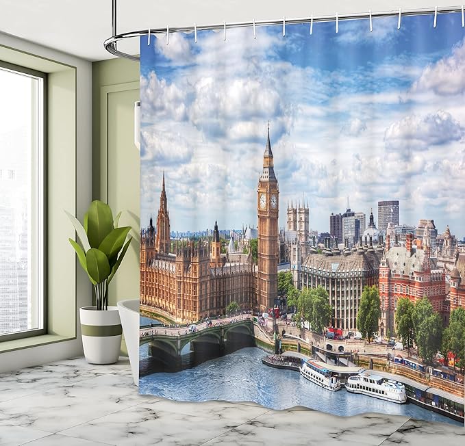 Ambesonne London Shower Curtain, Extensive Cityscape with Big Ben Westminster Bridge on River Thames and Clouds Image, Cloth Fabric Bathroom Decor Set with Hooks, 69" W x 70" L, White Green