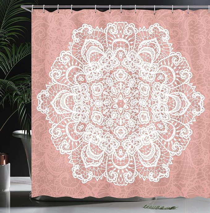 Ambesonne Mandala Shower Curtain, Lace Style Vector Mandala Vintage Abstract Floral Ornamental Design Print, Cloth Fabric Bathroom Decor Set with Hooks, 69" W x 70" L, Dried Rose White