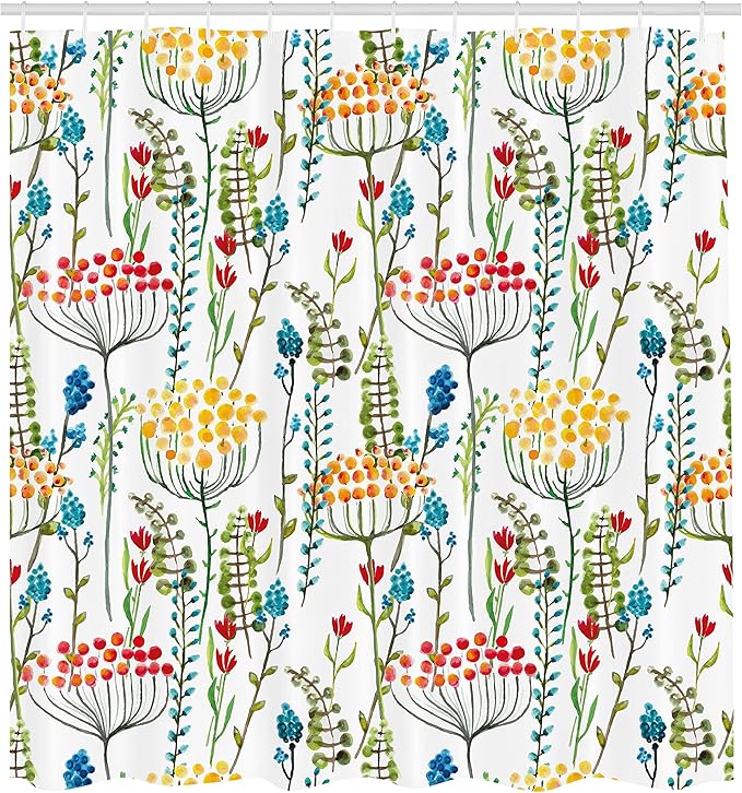 Ambesonne Floral Shower Curtain, Hand Drawn Doodle Style Flowers Blossoms in Watercolors Natural Botanical Garden Art, Cloth Fabric Bathroom Decor Set with Hooks, 69" W x 84" L, Magenta Yellow