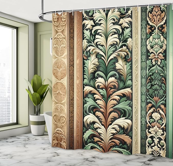 Ambesonne Green and Brown Shower Curtain, Jungle Damask Leafy Ornaments Ethnic Oriental Motifs Traditional Art, Cloth Fabric Bathroom Decor Set with Hooks, 69" W x 75" L, Emerald Caramel