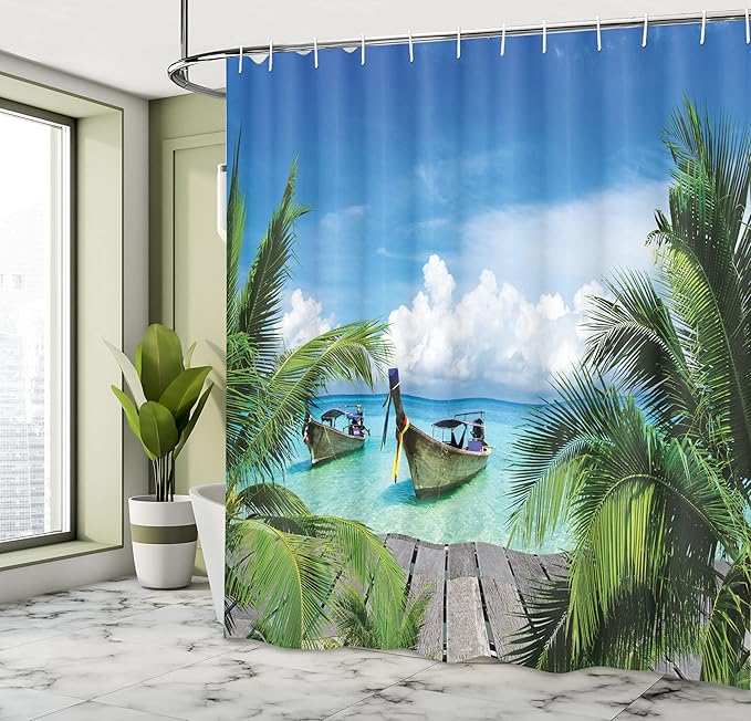 Ambesonne Tropical Shower Curtain, Beach and Tropical Sea Wooden Deck Floating Boats Sunshine Idyllic Daytime, Cloth Fabric Bathroom Decor Set with Hooks, 69" W x 70" L, Green Gray
