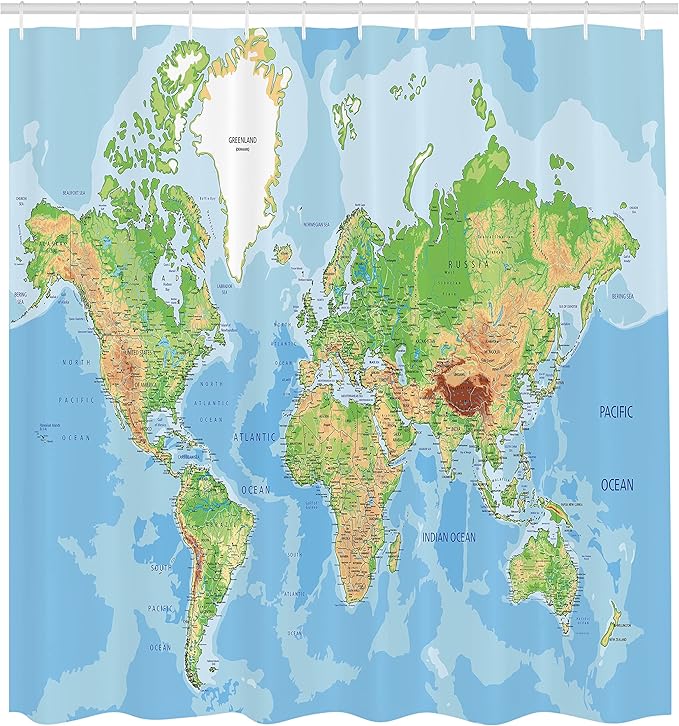 Ambesonne World Map Shower Curtain, Classic Map of The Earth Continents Countries Oceans Mountains Vacation Themed, Cloth Fabric Bathroom Decor Set with Hooks, 69" W x 70" L, Multicolor