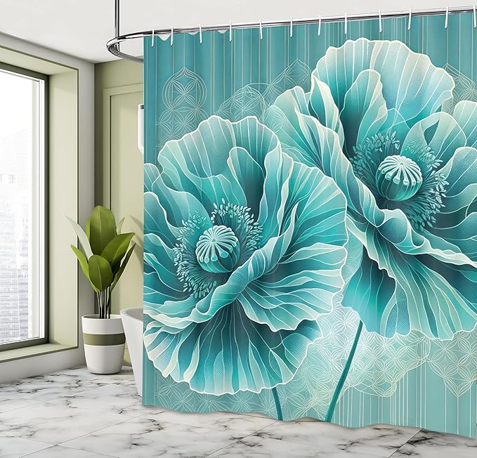 Ambesonne Turquoise Shower Curtain, Futurist Aquamarine Tone Poppy Flowers with Mandala Lines Details, Cloth Fabric Bathroom Decor Set with Hooks, 69" W x 75" L, Dark Seafoam Cadet Blue