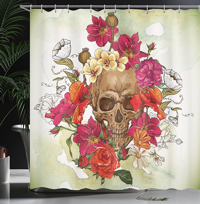 Ambesonne Skull Shower Curtain, Skull and Flowers Day of The Dead Buds Leaves Daisies Camellias Festival Art, Cloth Fabric Bathroom Decor Set with Hooks, 69" W x 70" L, Fuchsia Beige