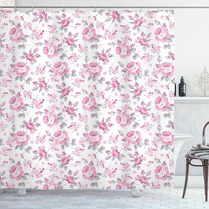 Ambesonne Shabby Flora Shower Curtain, Pink Roses with Grey Leaves Garden Bedding with Plants and Spring Blossoms Work of an Art, Cloth Fabric Bathroom Decor Set with Hooks, 69" W x 84" L, Light Pink