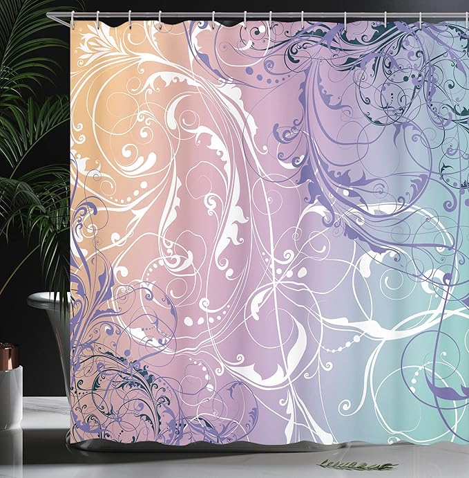 Ambesonne Floral Shower Curtain, Baroque Swirl Branches Curved Flower Leaves Shabby Form Nature Pattern, Cloth Fabric Bathroom Decor Set with Hooks, 69" W x 75" L, Lilac Teal