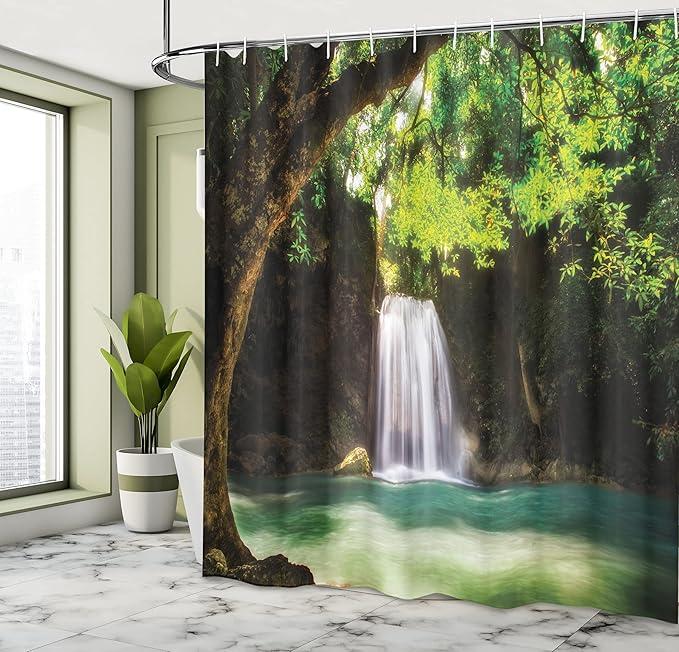 Ambesonne Waterfall Shower Curtain, Waterfall Flowing to Lake Deep Down in The Forest Warm Paradise Photo, Cloth Fabric Bathroom Decor Set with Hooks, 69" W x 75" L, Green Brown