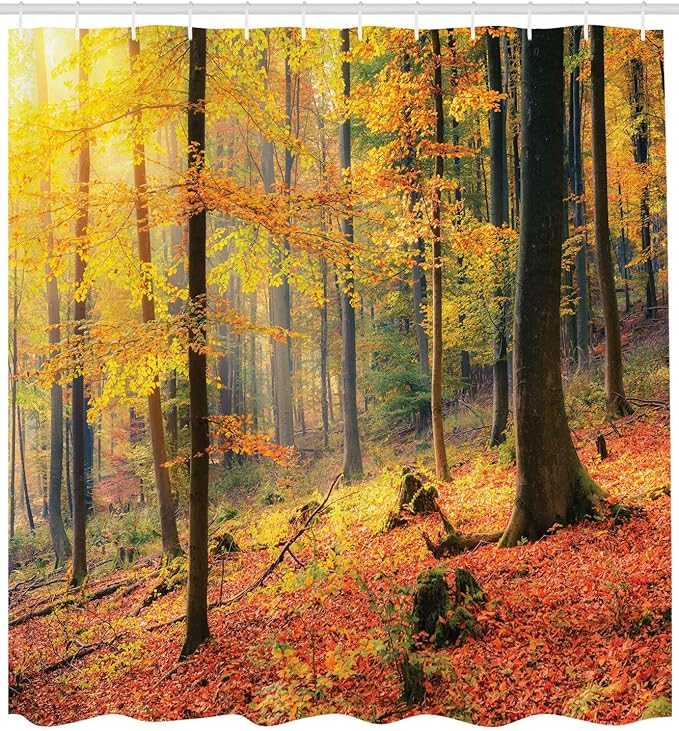 Ambesonne Forest Shower Curtain, Colorful Autumn Forest Sun Golden Yellow Trees Seasonal Scenics Picture, Cloth Fabric Bathroom Decor Set with Hooks, 69" W x 75" L, Orange Yellow