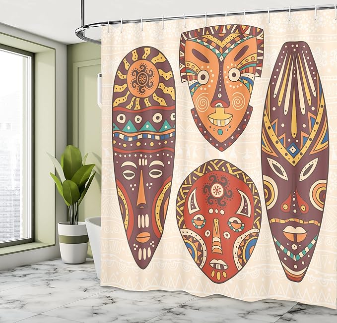Ambesonne Tiki Bar Shower Curtain, Designs Aborigine Art Patterns Cultural Hawaiian Print, Cloth Fabric Bathroom Decor Set with Hooks, 69" W x 75" L, Plum Orange