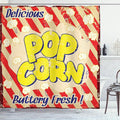 Ambesonne 1960s Shower Curtain, Popcorn Vintage Grunge Delicious Buttery Tasty Movie Advertising, Cloth Fabric Bathroom Decor Set with Hooks, 69" W x 70" L, Blue Scarlet