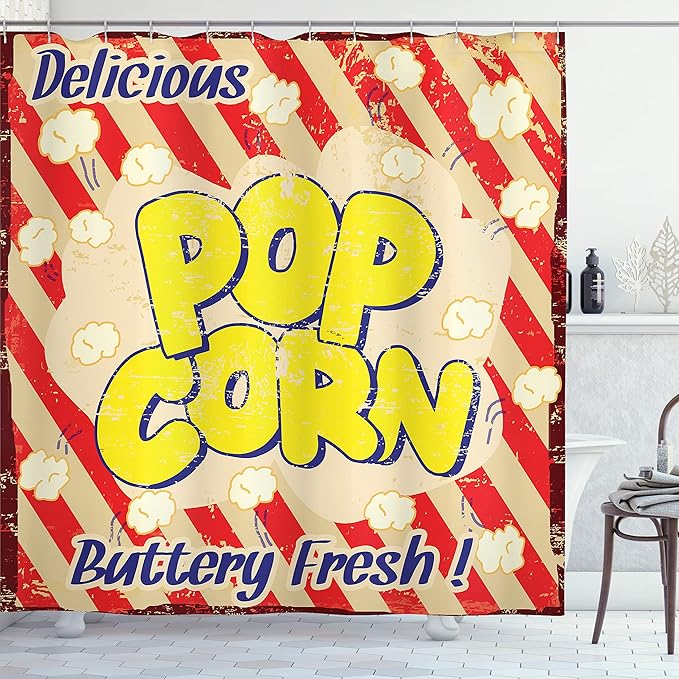 Ambesonne 1960s Shower Curtain, Popcorn Vintage Grunge Delicious Buttery Tasty Movie Advertising, Cloth Fabric Bathroom Decor Set with Hooks, 69" W x 70" L, Blue Scarlet