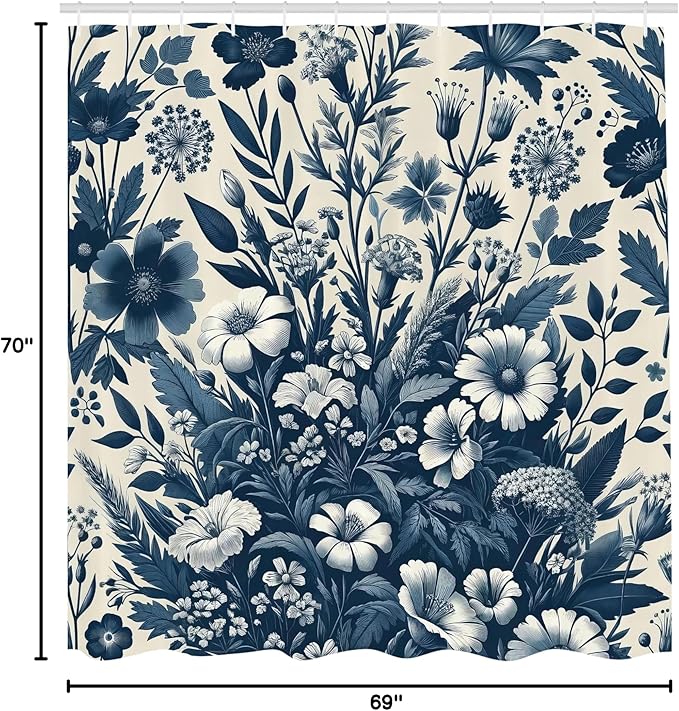 Ambesonne Navy Blue Shower Curtain, Vintage Style Cottagecore Spring Night Floral Arrange Wildflowers, Cloth Fabric Bathroom Decor Set with Hooks, 69" W x 70" L, Dark Slate Blue Coconut